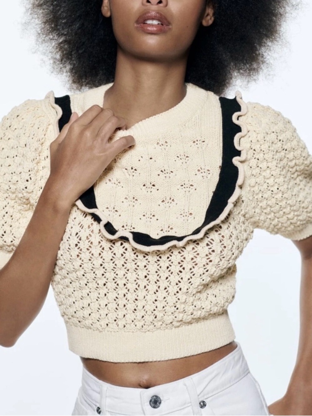 Zara Cream Cropped Eyelet Knit Sweater with Black-Trim Ruffle Collar